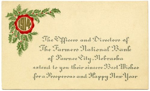 Happy New Year, Farmers National Bank, Pawnee City, Neb., 1914