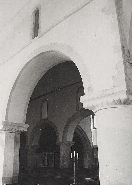 new romney church, kent,nave of 1160, on this side the roof has been raised so that the clerestory is now inside