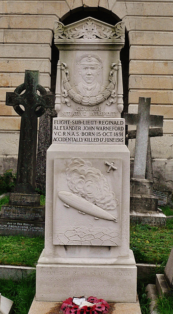 brompton cemetery, earls court,  london,tomb of lieut. rex warneford, 1915, got the v.c. for shooting a zeppelin down from an aeroplane, later dying in a flying accident