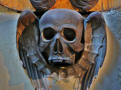 st.martin's, cathedral close, exeter, skull detail of monument to william holwell, m.d. 1707, poss. by weston?