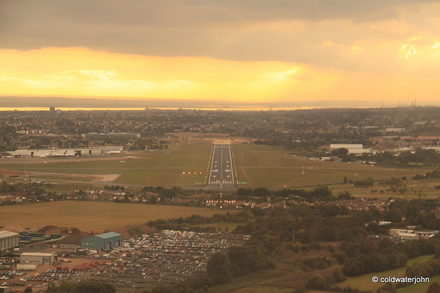 Coming in to land at Southend aerodrome at sunset