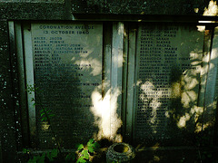 abney park cemetery, stoke newington, london,second world war memorial , civilian deaths; so many were caused in one street in one night due to a shelter being hit by a bomb