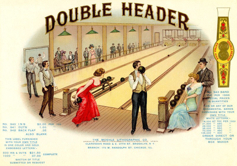 Double Header Bowling Alley Cigar Label, 1911