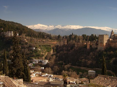 Granada- Albaicin- A View through the Alhambra to the Sierra Nevada