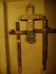 all hallows barking, london,ww1 battlefield crosses in the crypt , more moving and realistic than the sword bearing bronze on the official war memorial upstairs
