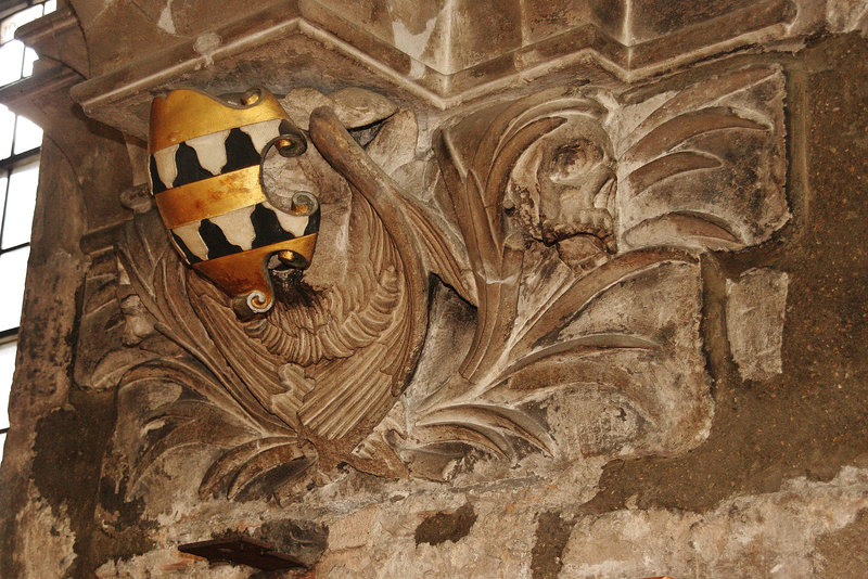 all hallows barking, london,detail of column memorial of giles lytcott and family, 1696