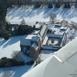 Pluscarden Abbey in snow - aerial