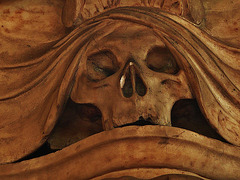 all hallows barking, london, skull on tomb of charles de beauvoir, 1700