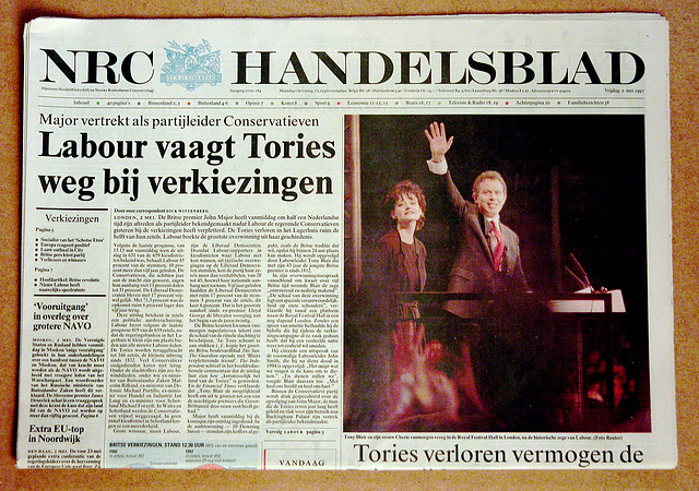 Recent history in newspaper: May 2, 1997 Tony Blair becomes PM after a Labour landslide