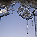 Icicles like melted metal against the sky at dusk...