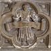 bury st. edmunds , st.mary's church, suffolk,the 1467 monument to john baret bears this small figure of the merchant in life holding his motto on a scroll and wearing the lancastrian ss livery collar