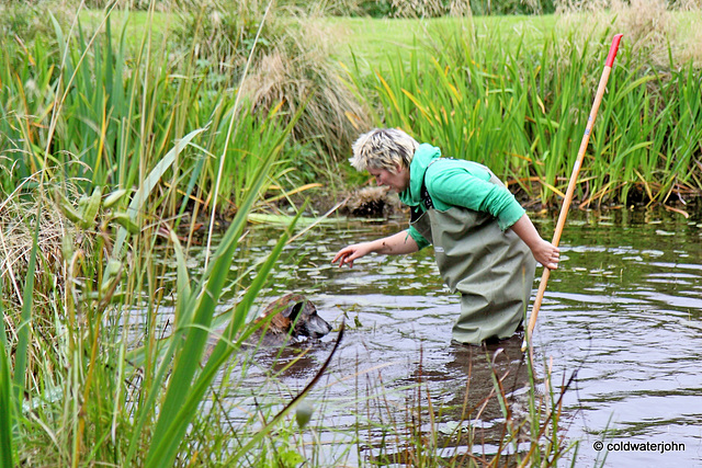 Dougie being given his instructions on how to clear the pond of weed...