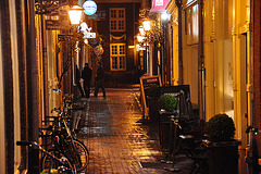Night shots of Leiden: Pieterskerkchoorsteeg (St. Peter's Church Choir Alley)