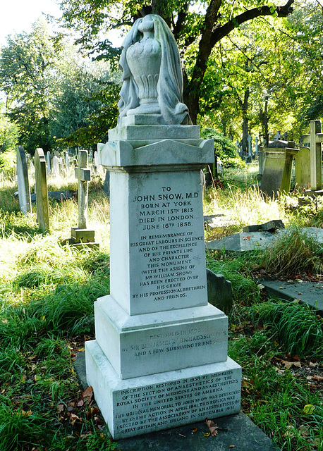 brompton cemetery, london,memorial to john snow , the doctor who gave chloroform to queen victoria at the births of leopold and beatrice, making anaesthesia acceptable. he died in 1860