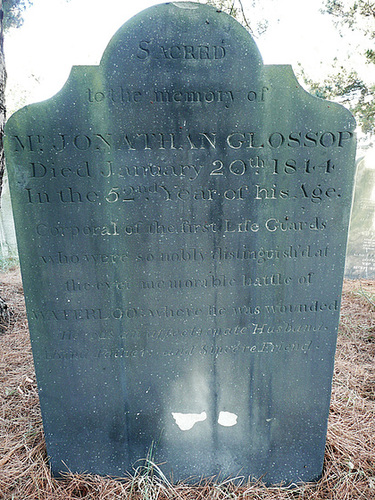 brompton cemetery, london,tombstone of jonathan glossop, +1844, who was in the life guards and wounded at waterloo