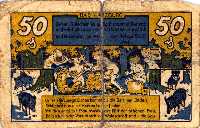 Old German money: 50 pfennig bank note from Bad Harzburg, valid until December 31, 1922