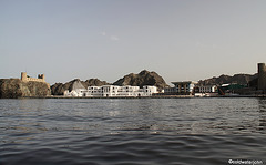 Forts Jalali and Merani guarding the approaches to Muscat Bay. The Al Alam Palace is centre right