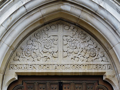 swedish church, harcourt street, marylebone, london,tympanum over west door on facade of the church, built by niven and wigglesworth in 1910 to a design by illustrator axel haig