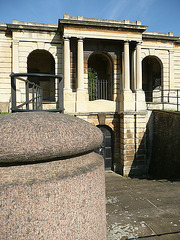 brompton cemetery, london,one entrance to the catacombs built by baud in 1838 underneath the colonnade