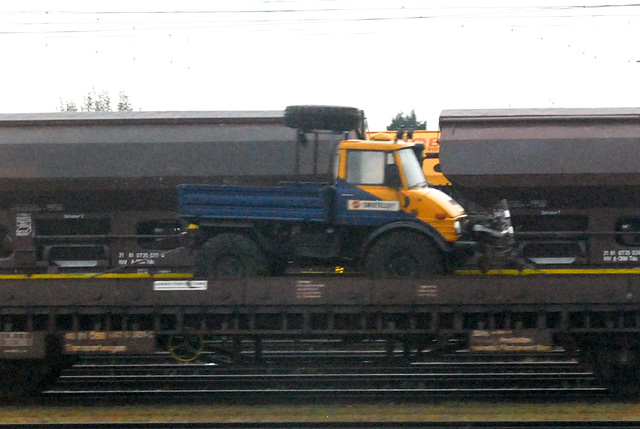 Little Unimog riding on a train