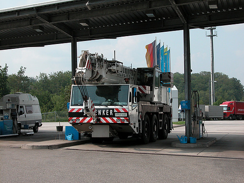 Holiday day one: large crane at a petrol station