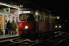 Trams in an underground tram station