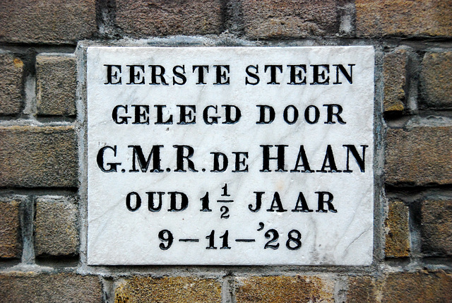First stone laid on November 9, 1928 by G.M.R. de Haan, aged 1½