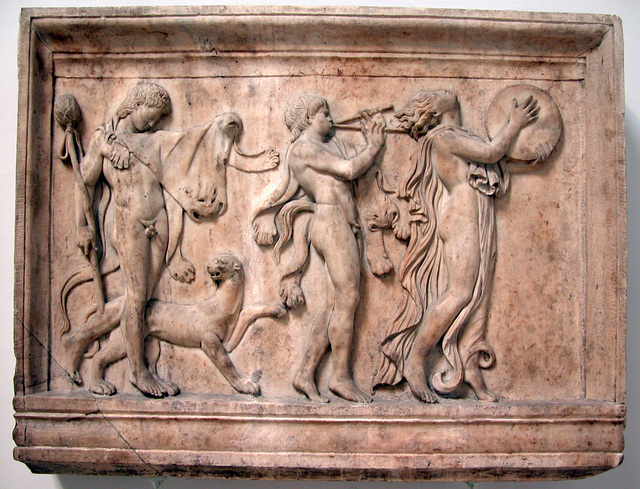 British Museum: marble relief of a maenad and two satyrs in a Dionysiac procession British Museum: marble relief of a maenad and two satyrs in a Dionysiac procession