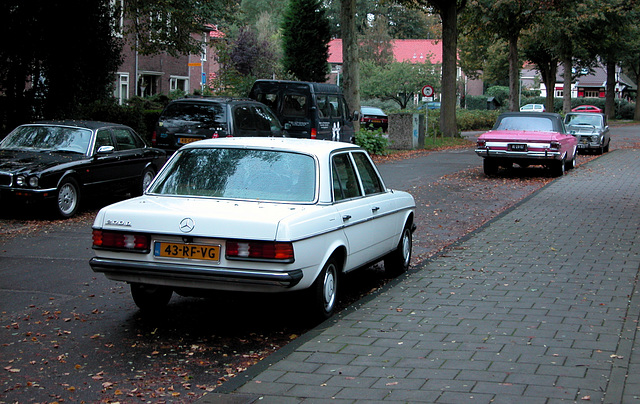 This morning: My white Merc, a pink Plymouth and a silver Alfa Romeo