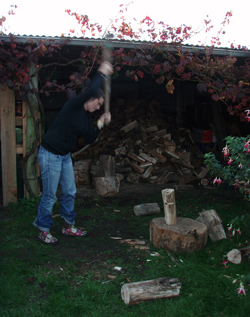 WWOOFer Emilie splitting wood