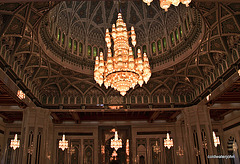 Ceiling and chandelier detail at Sultan Qaboos Mosque