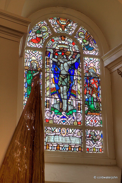 Stained glass window with the only bagpipe-playing angel in Christendom! (top right)