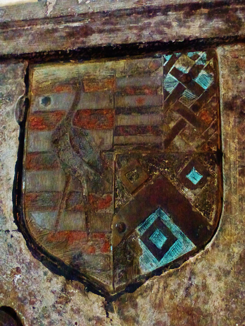 terling church, essex,heron on heraldic detail of a  rochester family brass, 1584