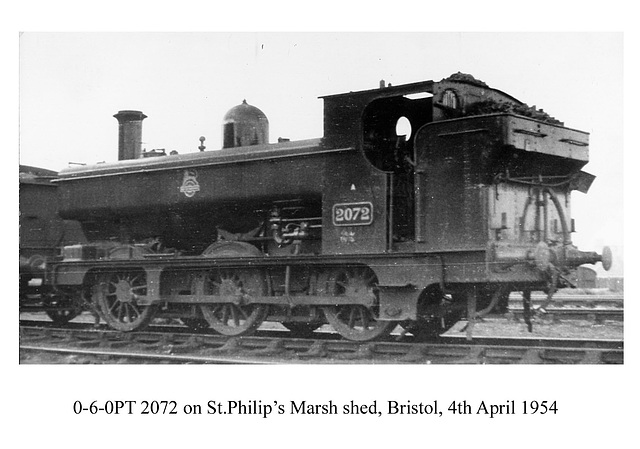 0-6-0PT 2072 St Philip's Marsh shed - 4.4.1954 - photo by John Sutters