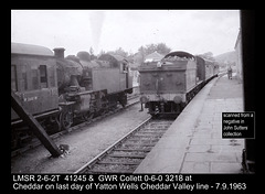 LMSR 2-6-2T  41245 & GWR Collett 0-6-0 3218 at Cheddar on last day of Yatton Wells Cheddar Valley line - 7.9.1963