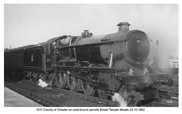 1011 County of Chester on west-bound parcels - Bristol Temple Meads - 22.10.1953 photo by John Sutters