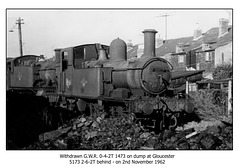 GWR 0-4-2T 1453 & 2-6-2T 5173 on dump Gloucester - 2.11.1962