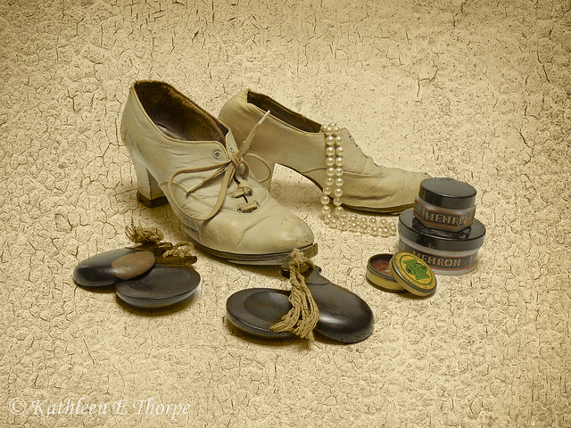 Five Minutes to Show Time!  My mother's tap shoes and stage make-up.  She was a Rockette in the early 1940's.  French Kiss Texture