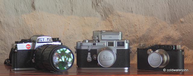 The Leica Family: (R-L) Leica III (1934) Leica M3 (1958), Leica R4 (1985)