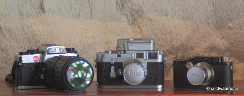 The Leica Family: (R-L) Leica III (1934) Leica M3 (1958), Leica R4 (1985)