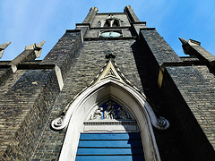 st.mary eversholt street, camden, london,detail of the commissioners gothic church of 1822-6 by the inwoods. the horizontal blue woodwork and the doors are inexcusable, though given the poor design of the ogee and the tympanum it's difficult to know