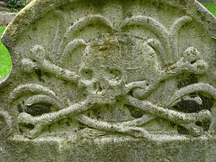 barking church, essex tombstone of ann kempton, 1720;  skull, bones