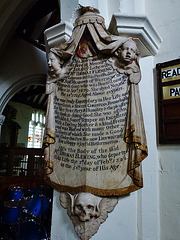 barking church, essex,monument to sarah fleming, 1679, and husband thomas, 1722; on north arcade east respond