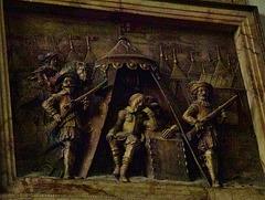 barking church, essex,monument by maximilian colt, 1625, for sir charles montague, showing him seated in a tent guarded by soldiers as if on the eve of battle