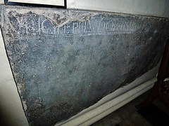 barking church, essex,late c13 slab in north chapel, with lombardic lettering referring to maurice, bishop of london, +1105 and alfgive, abbess of barking