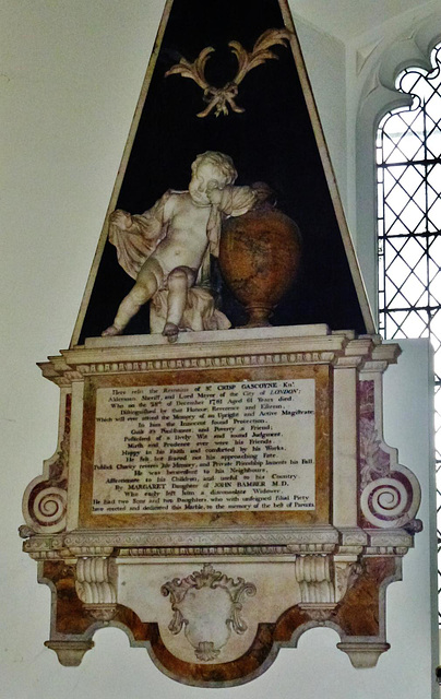 barking church, essex,beautiful workmanship on the 1761 memorial to sir crisp gascoyne, lord mayor of london
