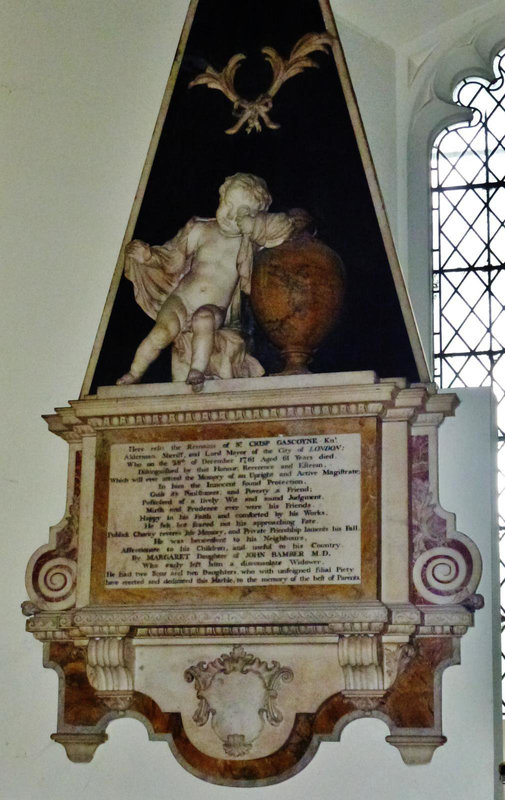 barking church, essex,beautiful workmanship on the 1761 memorial to sir crisp gascoyne, lord mayor of london