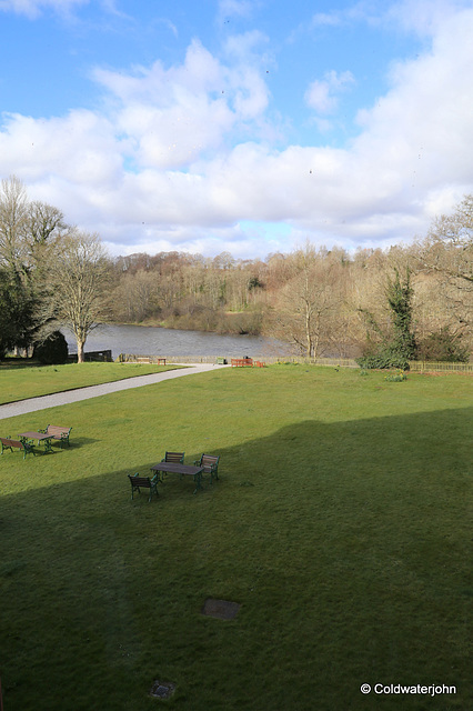 The view from the breakfast table, of the Tweed, in spate.