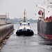 The tug Sirius retreating after towing the Monica into the sea lock at IJmuiden