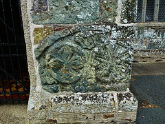 st.thomas' church, launceston, cornwall.norman tympanum set into the porch. the church was locked, thankfully rare in cornwall, where most people know better.